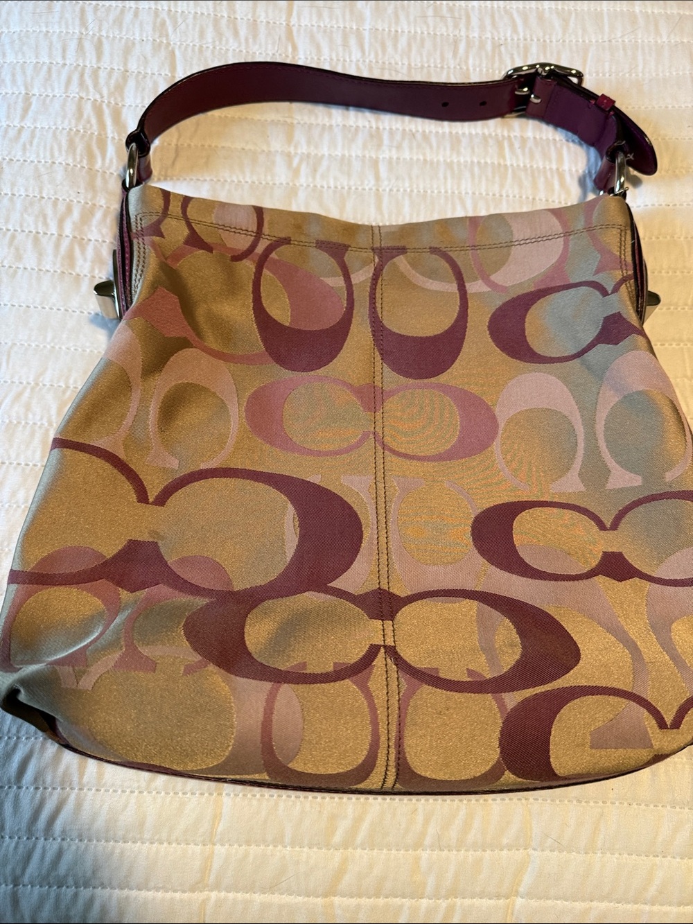 Coach Jacquard Shoulder Bag in Tan and Burgundy